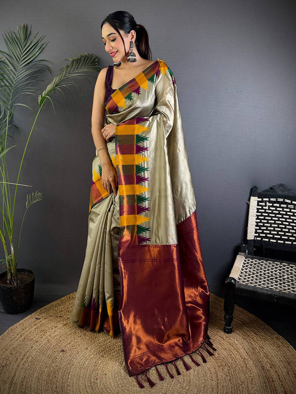 Gold Soft Silk Saree with Multicolor Temple Border & Maroon Zari Pallu