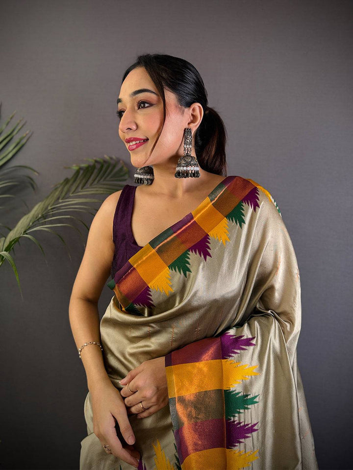 Gold Soft Silk Saree with Multicolor Temple Border & Maroon Zari Pallu