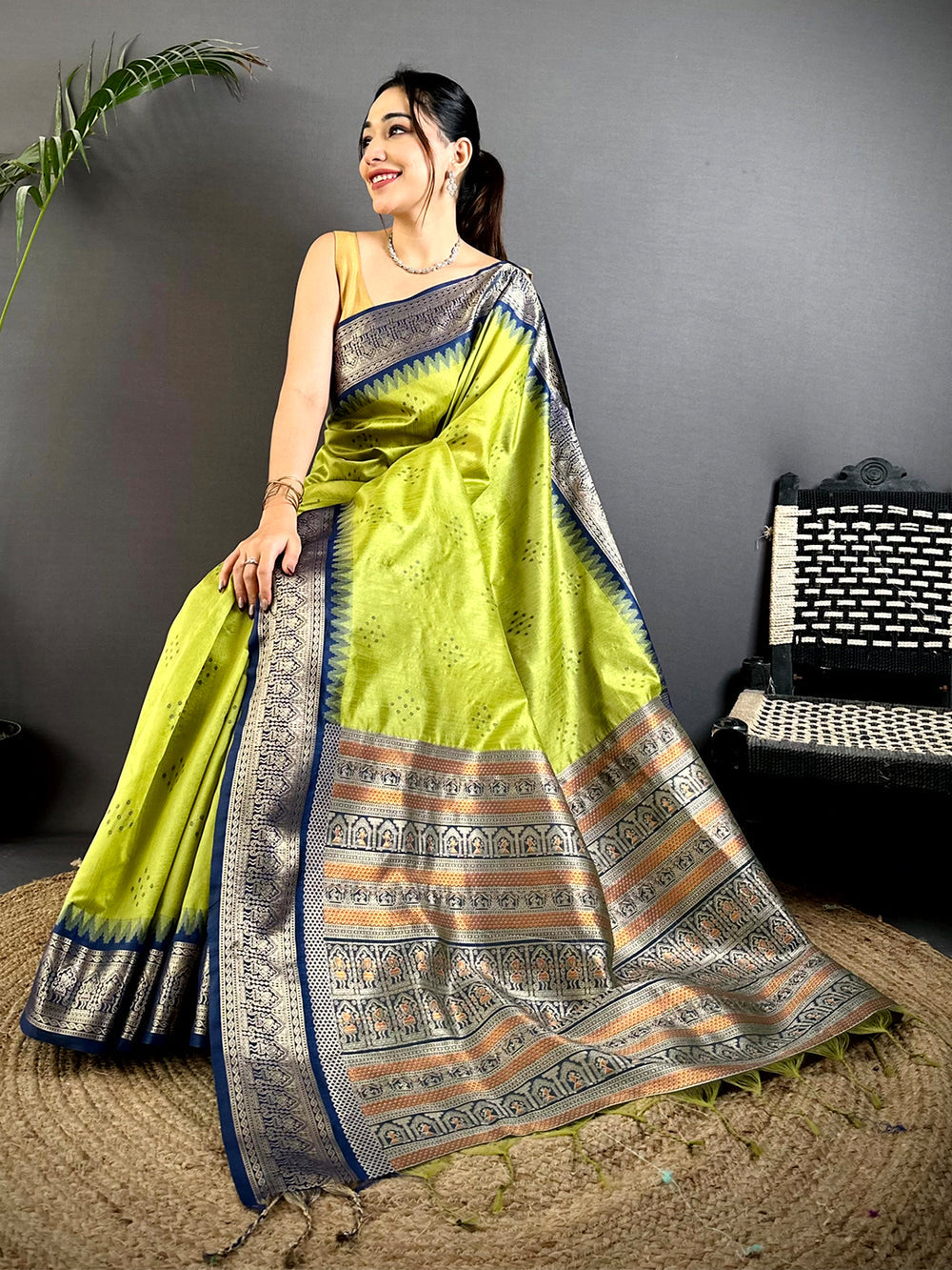Lime Green Soft Silk Saree with Silver Blue Zari Border & Temple Design Pallu
