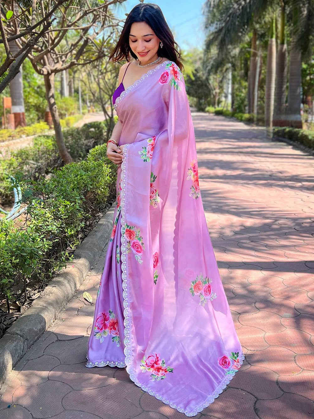 Pink Floral Printed Organza Saree with Lace Border