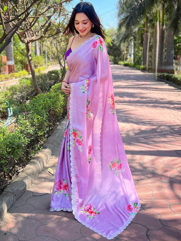Pink Floral Printed Organza Saree with Lace Border