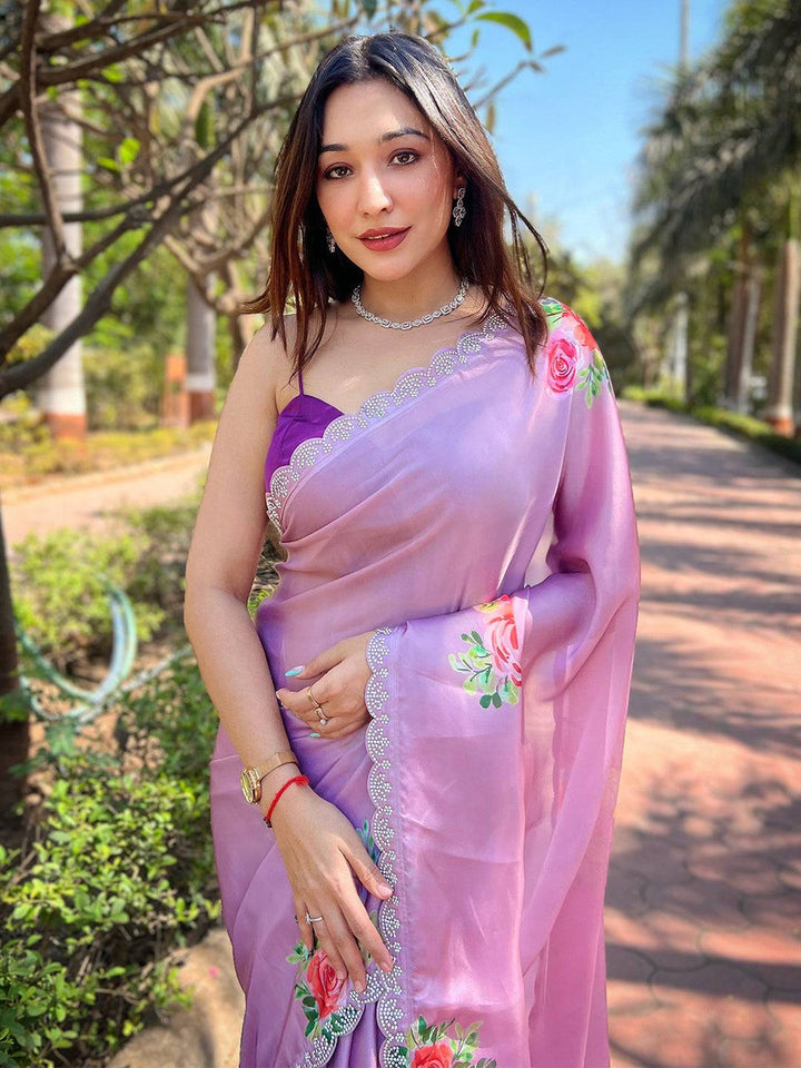 Pink Floral Printed Organza Saree with Lace Border