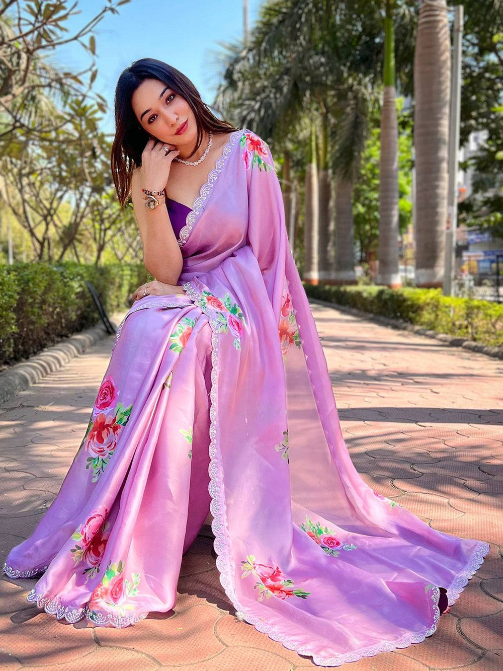 Pink Floral Printed Organza Saree with Lace Border