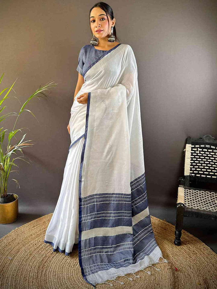 Elegant White & Navy Blue Linen Saree with Woven Border