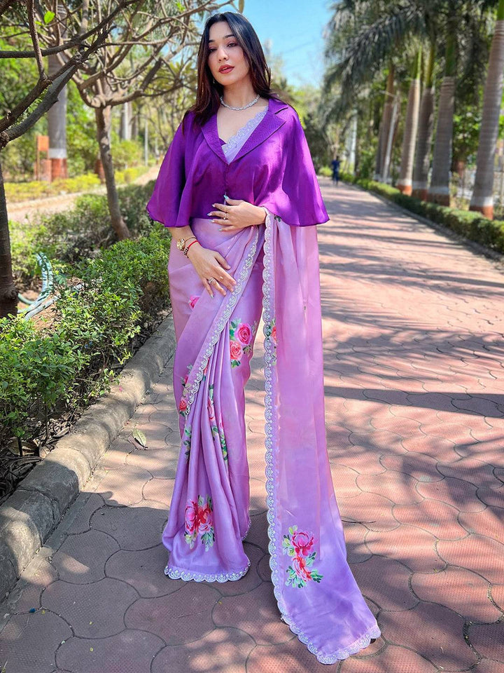 Pink Floral Printed Organza Saree with Lace Border