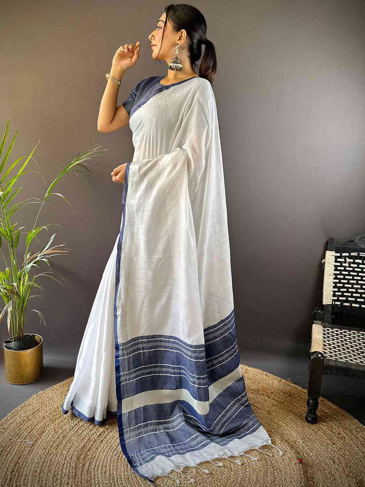 Elegant White & Navy Blue Linen Saree with Woven Border