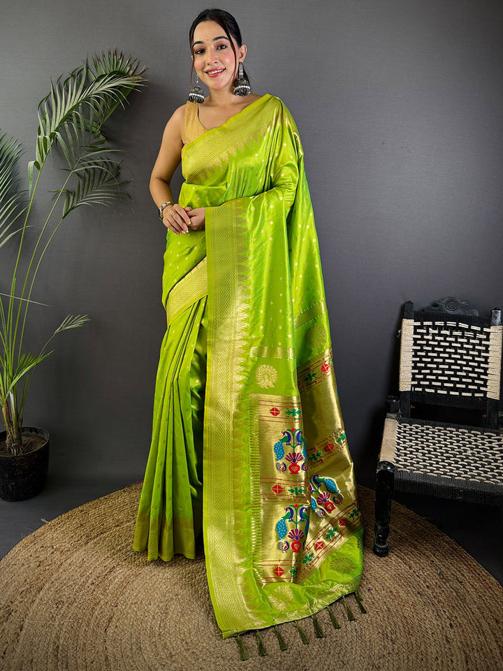 Lime Green Soft Silk Saree with Peacock Zari Weaving & Golden Border