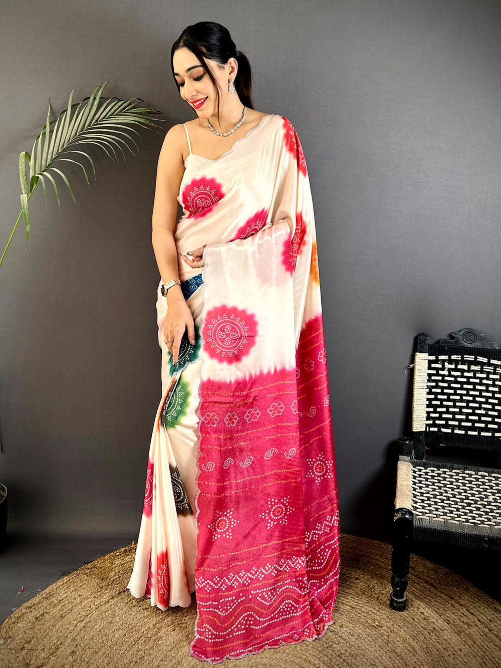 Cream & Rani Pink Bandhani Print Soft Silk Saree with Multicolor Tie Dye Design