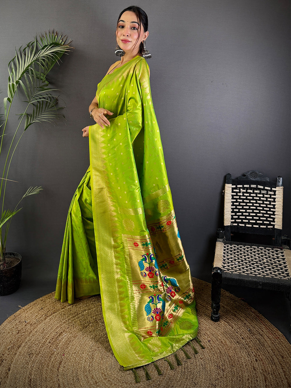 Lime Green Soft Silk Saree with Peacock Zari Weaving & Golden Border