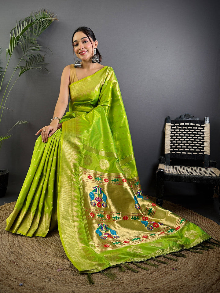 Lime Green Soft Silk Saree with Peacock Zari Weaving & Golden Border
