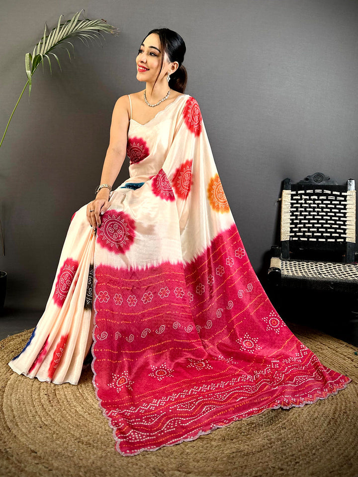 Cream & Rani Pink Bandhani Print Soft Silk Saree with Multicolor Tie Dye Design