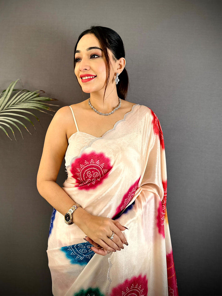 Cream & Rani Pink Bandhani Print Soft Silk Saree with Multicolor Tie Dye Design