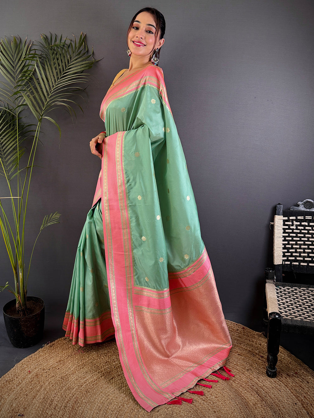 Mint Green Soft Silk Saree with Peach Pink Zari Border & Tassels