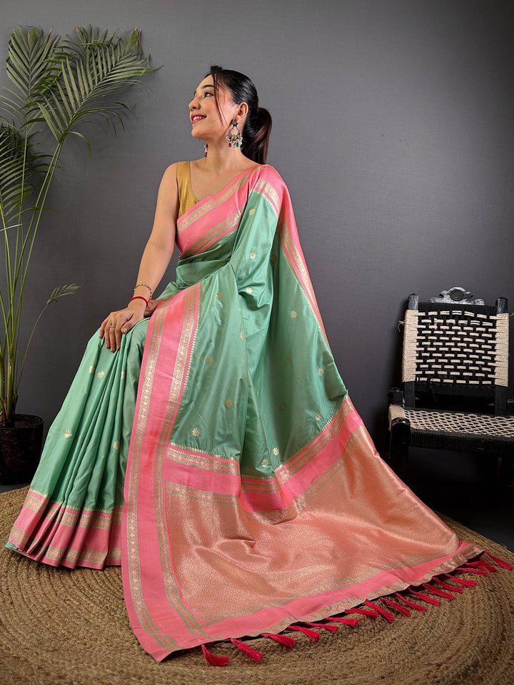 Mint Green Soft Silk Saree with Peach Pink Zari Border & Tassels