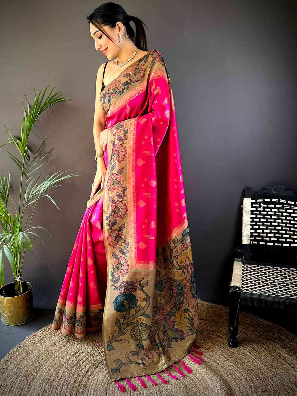 Pink Soft Silk Saree with Gold Floral Zari Pallu & Artistic Border
