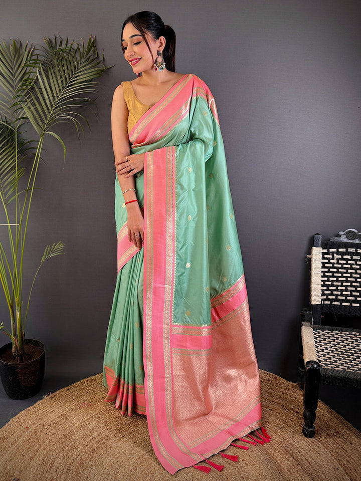 Mint Green Soft Silk Saree with Peach Pink Zari Border & Tassels