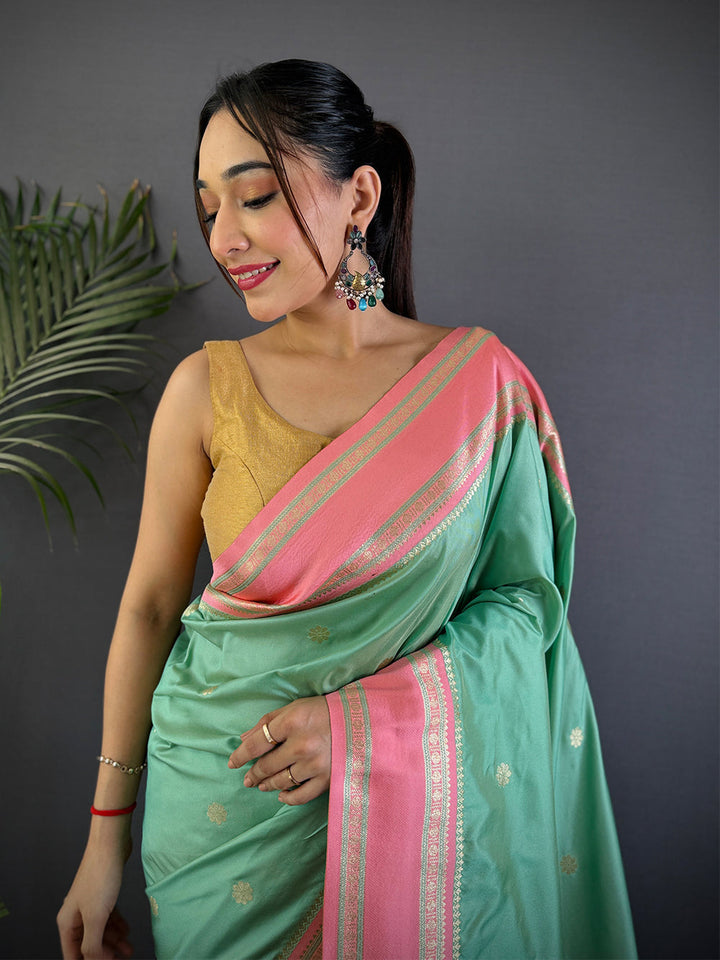 Mint Green Soft Silk Saree with Peach Pink Zari Border & Tassels