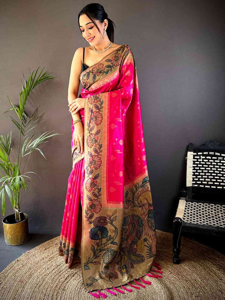 Pink Soft Silk Saree with Gold Floral Zari Pallu & Artistic Border