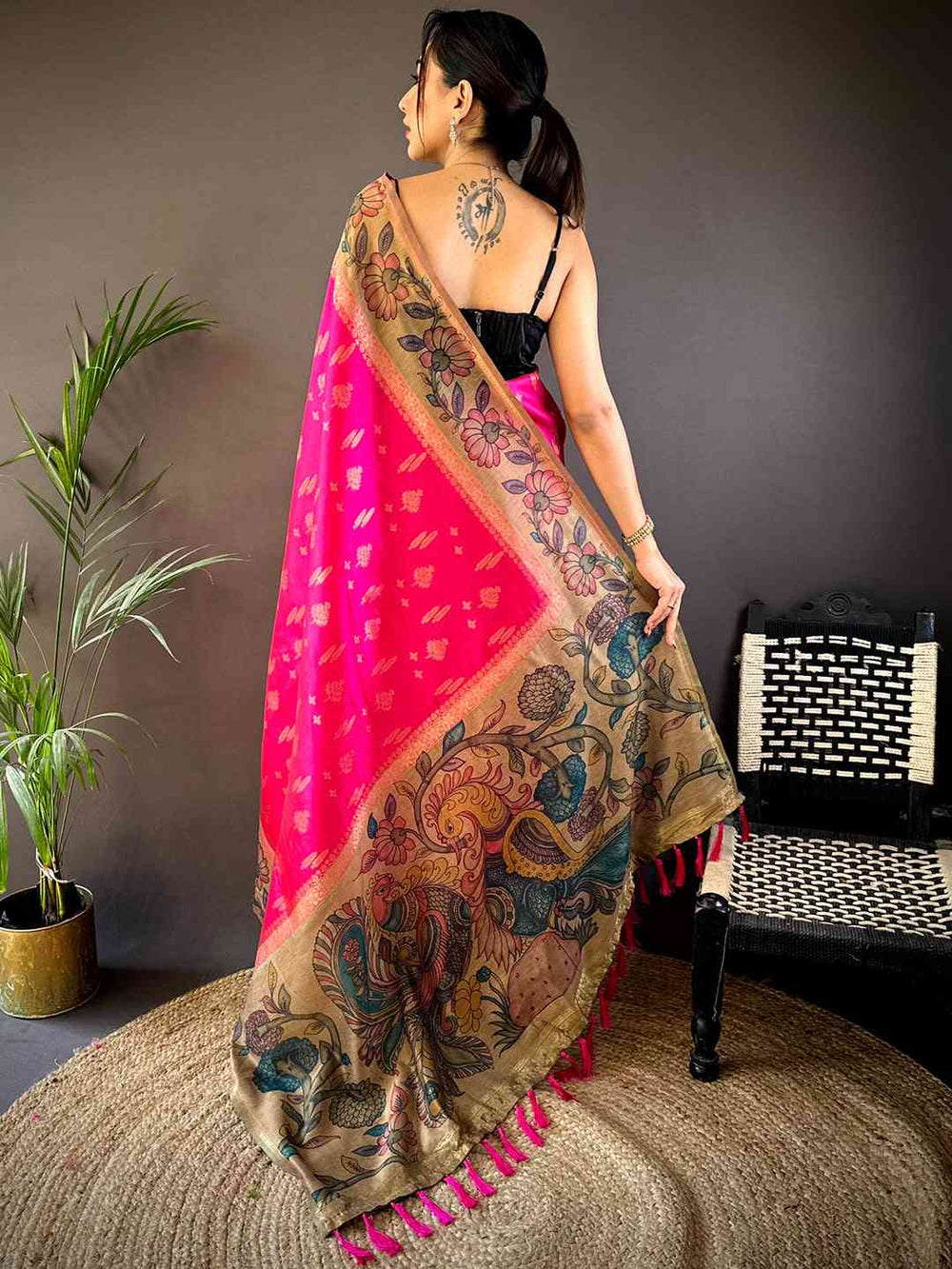 Pink Soft Silk Saree with Gold Floral Zari Pallu & Artistic Border