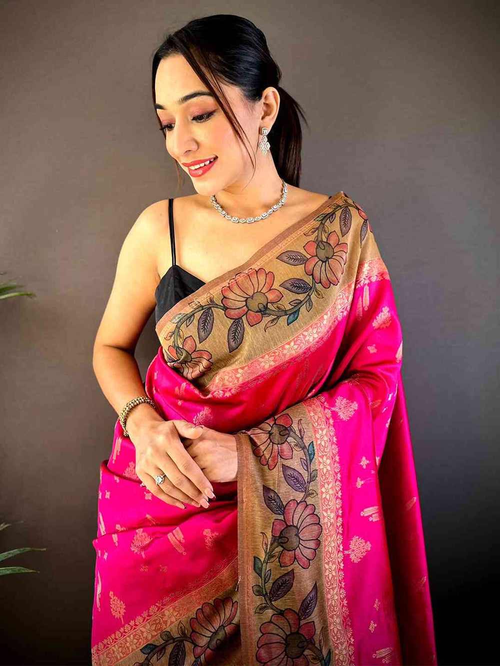 Pink Soft Silk Saree with Gold Floral Zari Pallu & Artistic Border