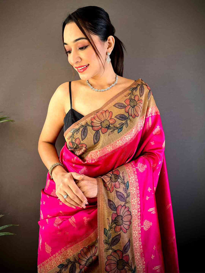 Pink Soft Silk Saree with Gold Floral Zari Pallu & Artistic Border