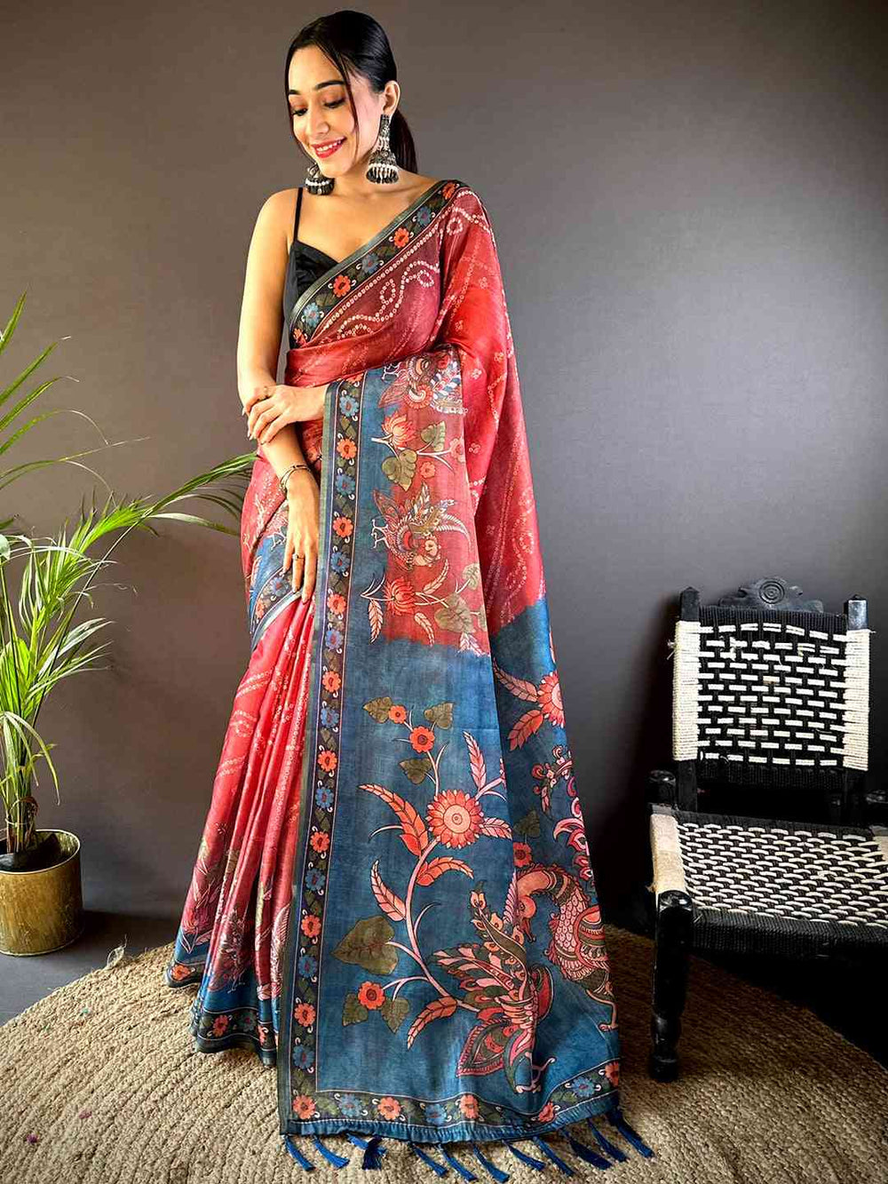 Red & Blue Soft Silk Saree with Artistic Floral Print & Contrast Pallu