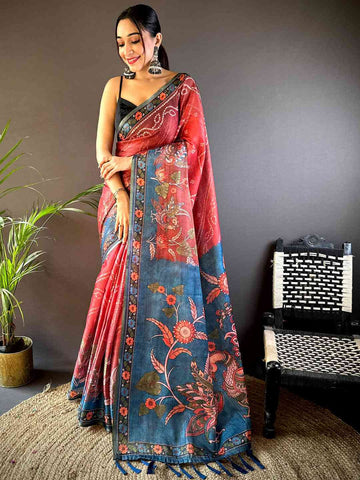 Red & Blue Soft Silk Saree with Artistic Floral Print & Contrast Pallu