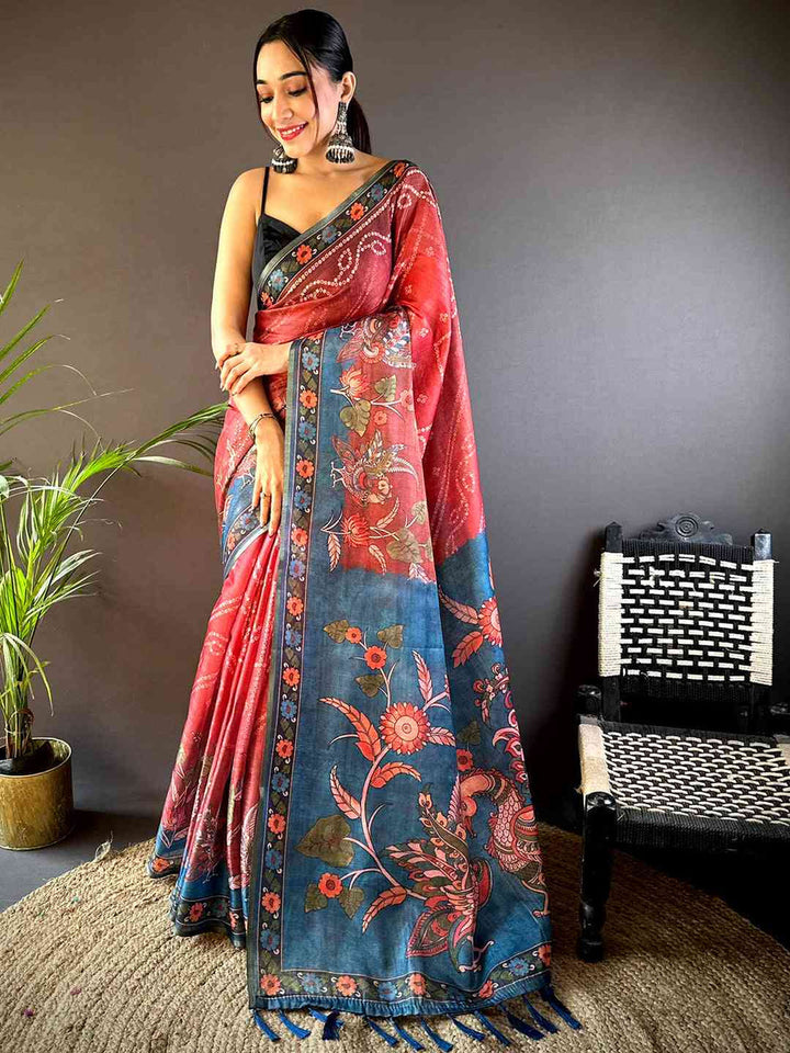 Red & Blue Soft Silk Saree with Artistic Floral Print & Contrast Pallu