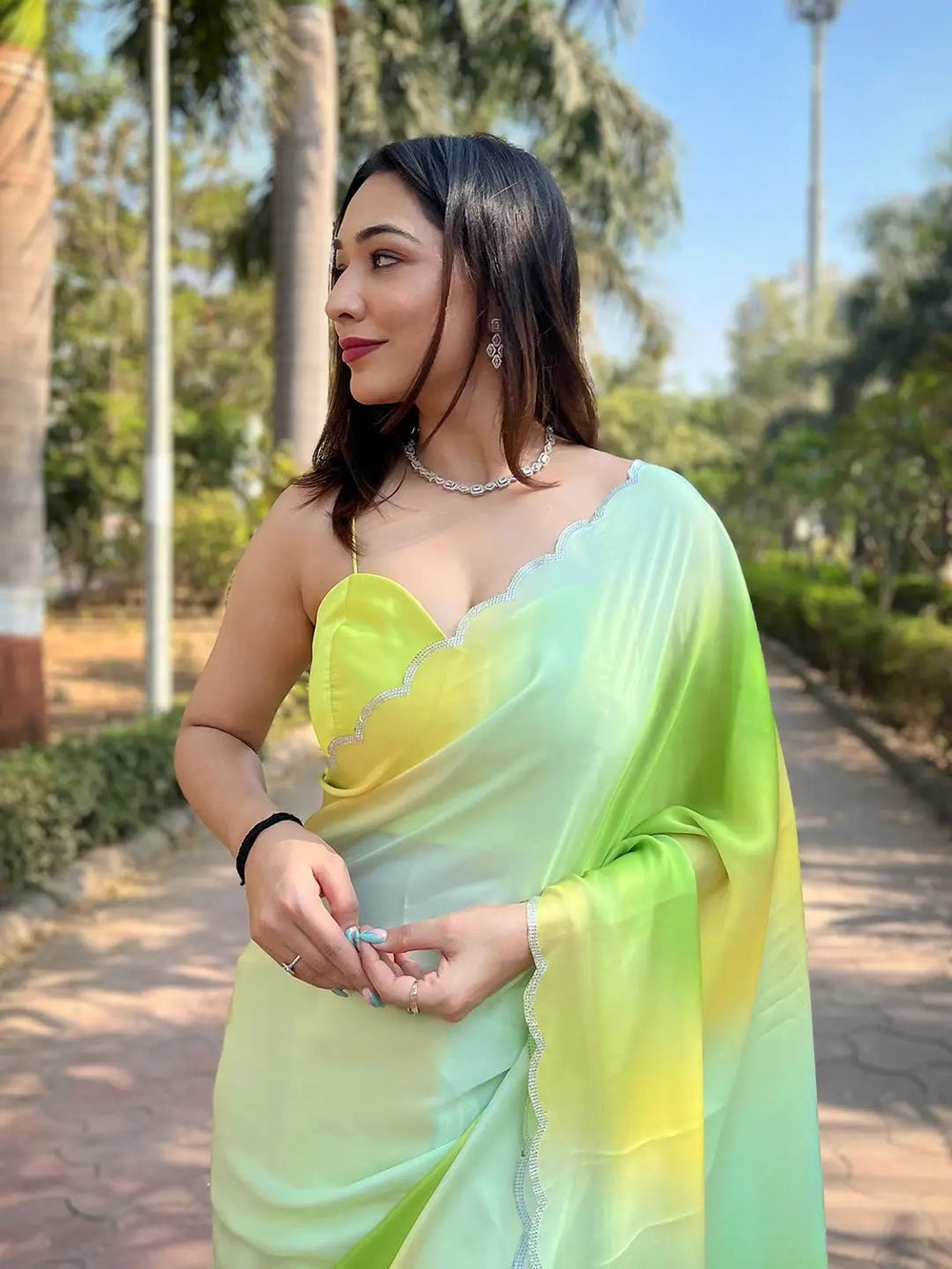 Pastel Green & Yellow Ombre Satin Silk Saree with Scallop Border