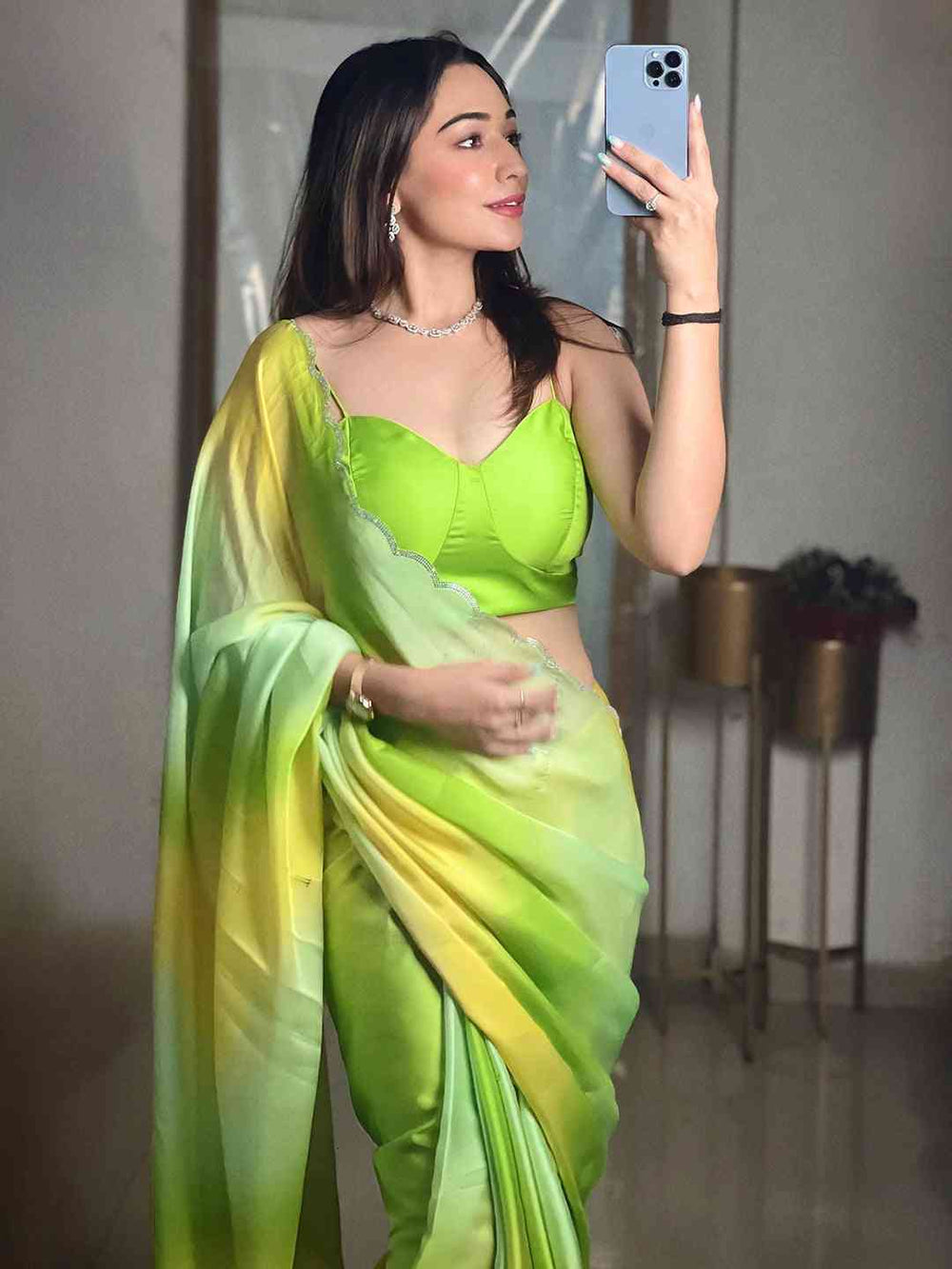 Pastel Green & Yellow Ombre Satin Silk Saree with Scallop Border