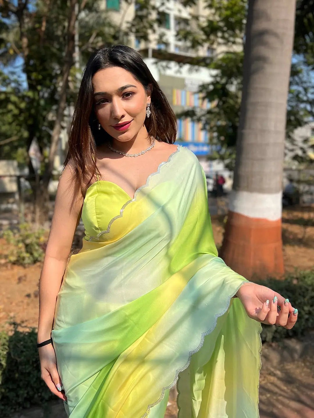 Pastel Green & Yellow Ombre Satin Silk Saree with Scallop Border