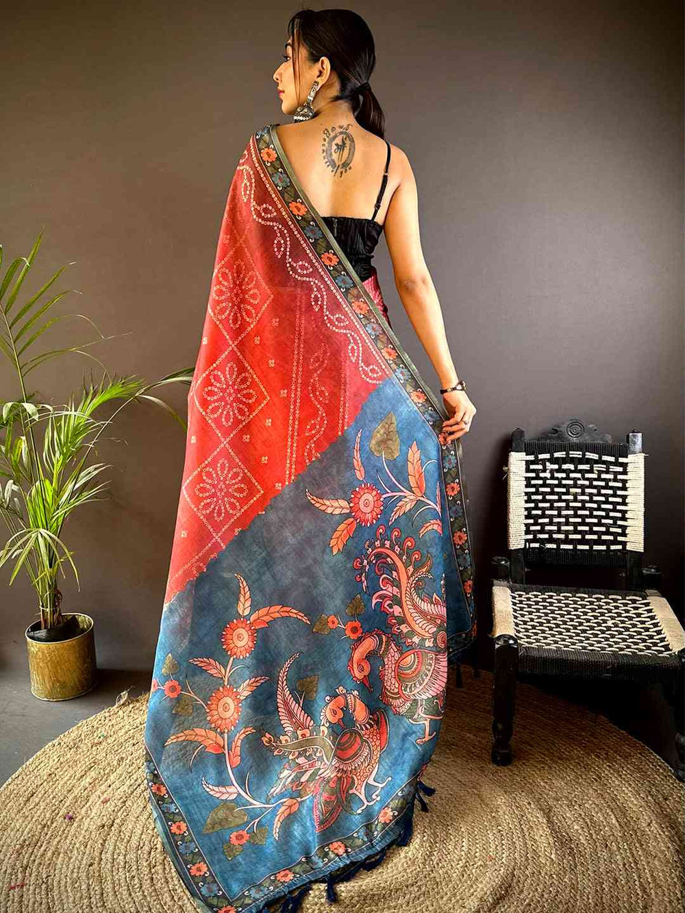 Red & Blue Soft Silk Saree with Artistic Floral Print & Contrast Pallu