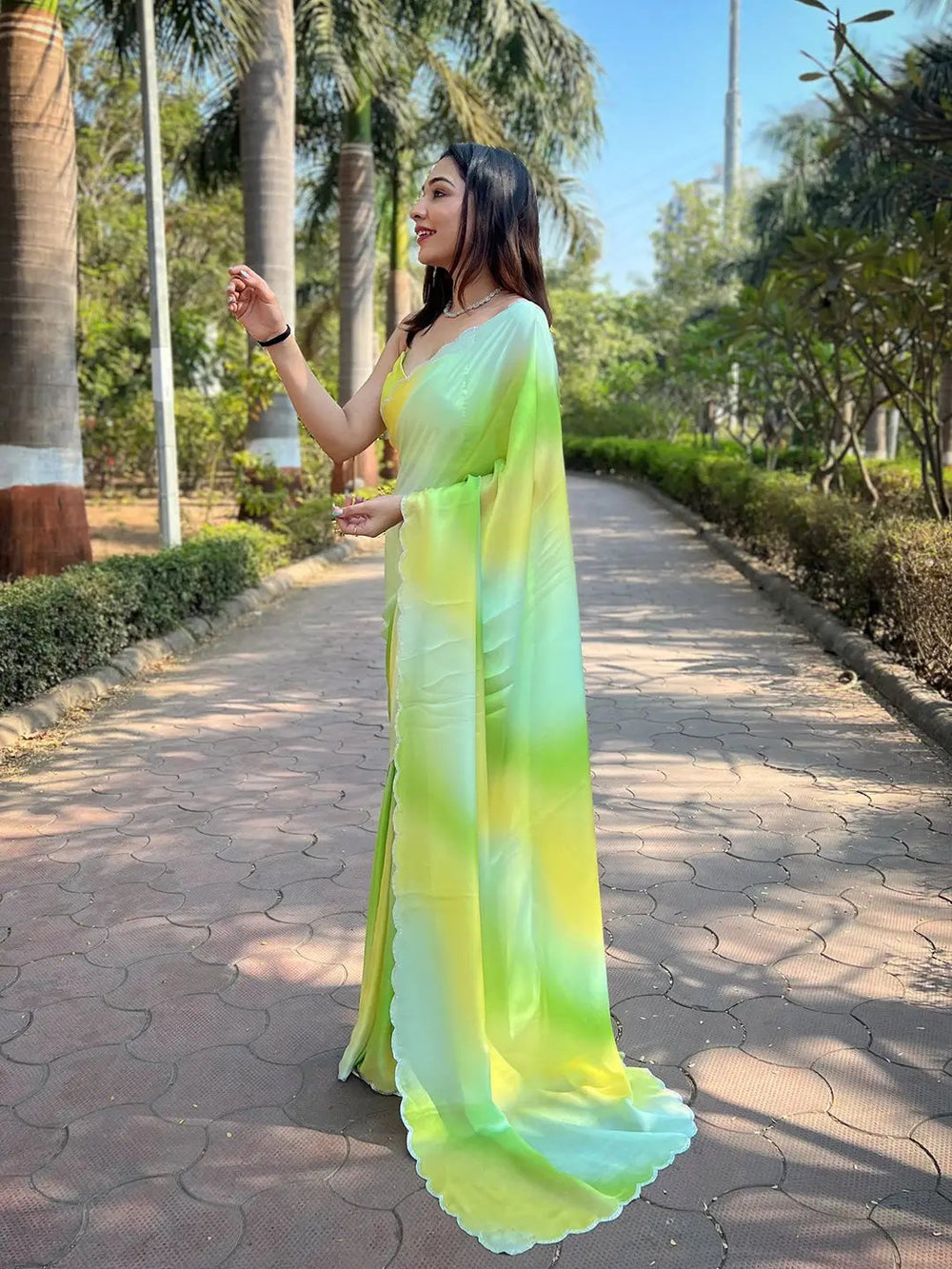 Pastel Green & Yellow Ombre Satin Silk Saree with Scallop Border