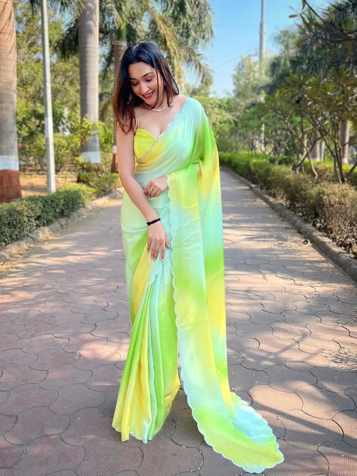 Pastel Green & Yellow Ombre Satin Silk Saree with Scallop Border