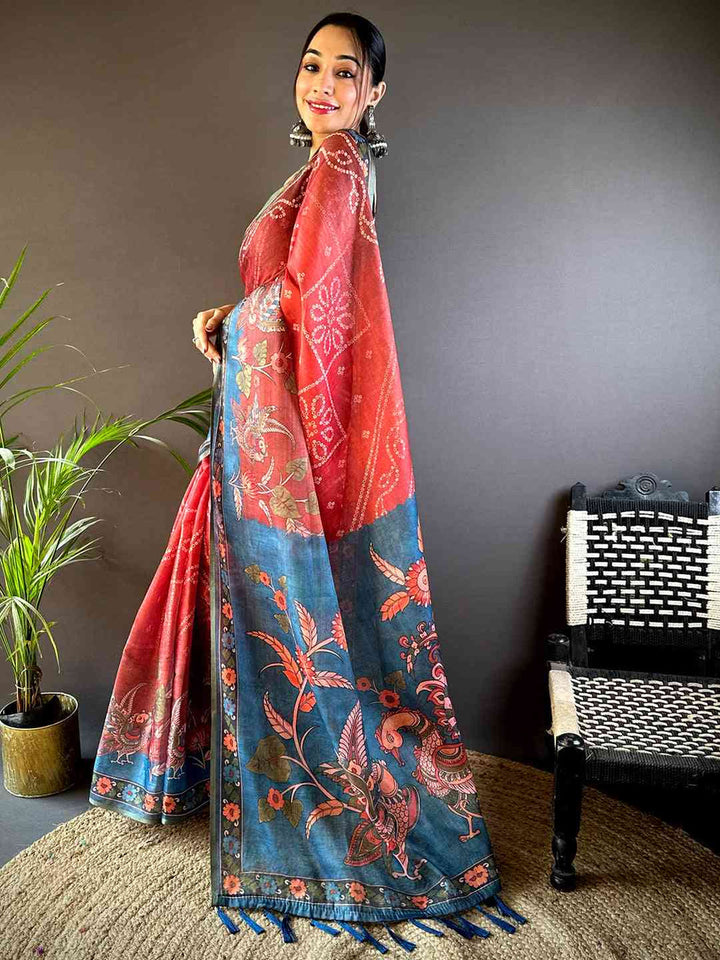 Red & Blue Soft Silk Saree with Artistic Floral Print & Contrast Pallu