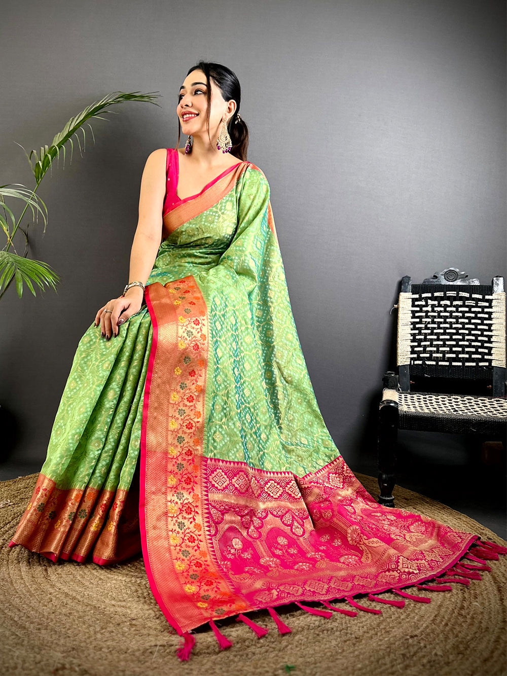 Green Bandhani Soft Silk Saree with Pink Floral Zari Border
