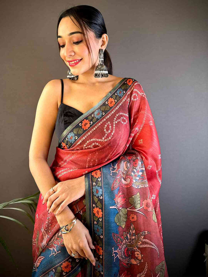 Red & Blue Soft Silk Saree with Artistic Floral Print & Contrast Pallu