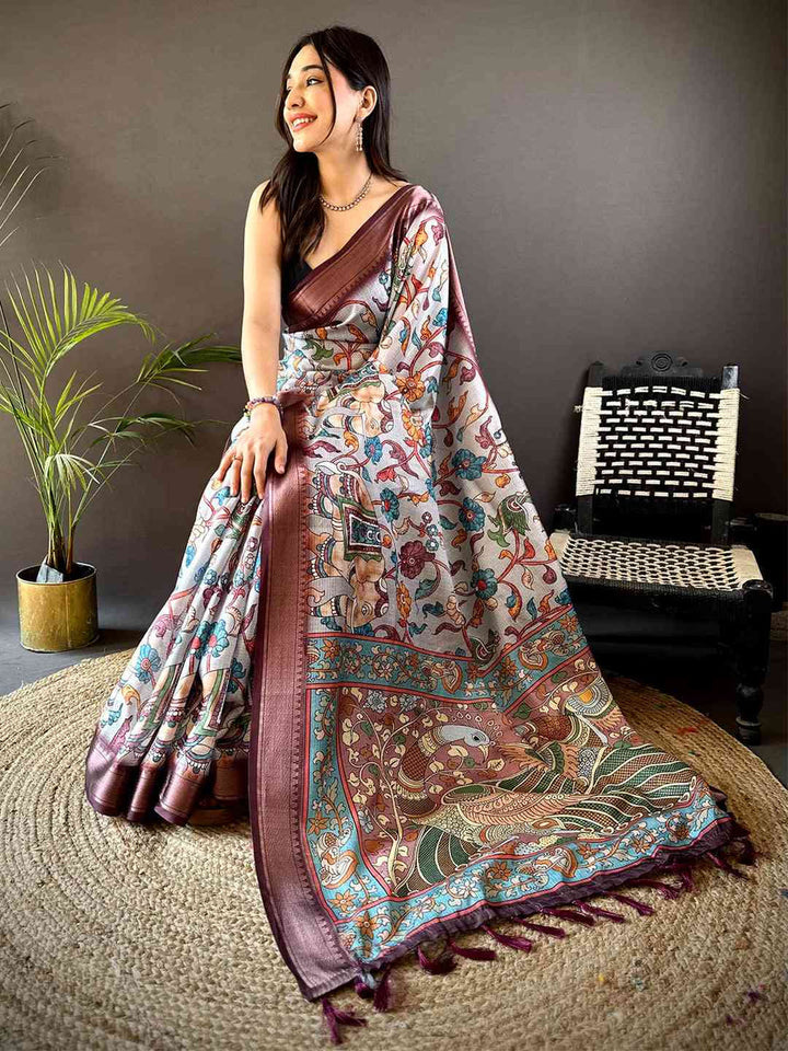 White Soft Silk Saree with Multicolor Kalamkari Print & Maroon Zari Border