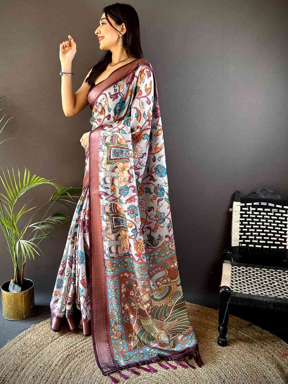 White Soft Silk Saree with Multicolor Kalamkari Print & Maroon Zari Border