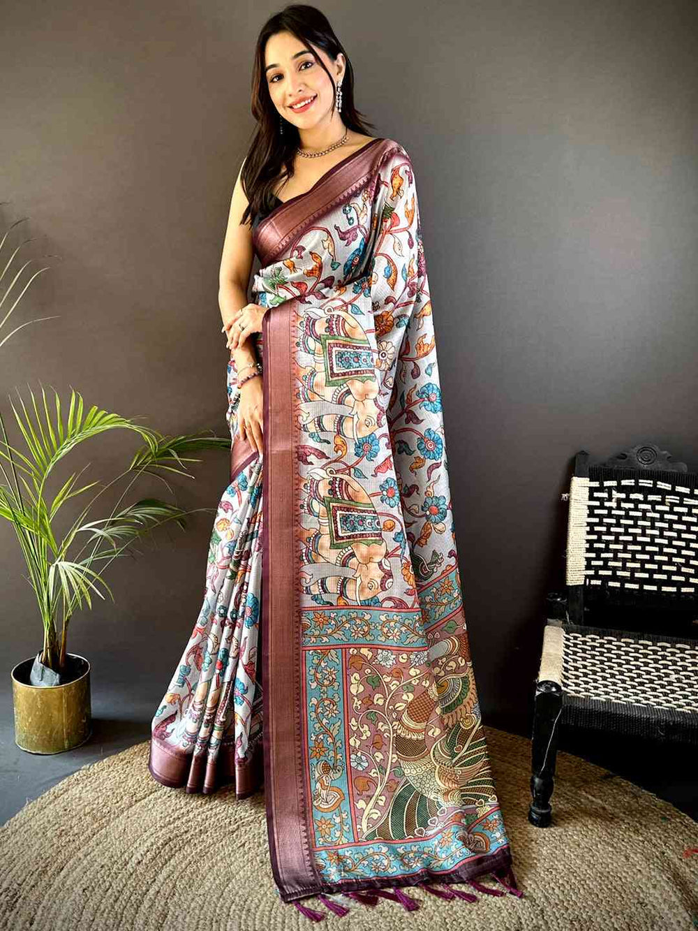 White Soft Silk Saree with Multicolor Kalamkari Print & Maroon Zari Border