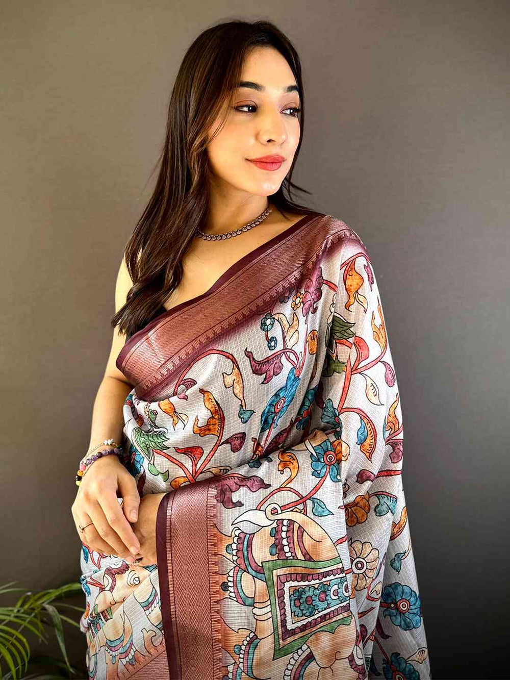 White Soft Silk Saree with Multicolor Kalamkari Print & Maroon Zari Border