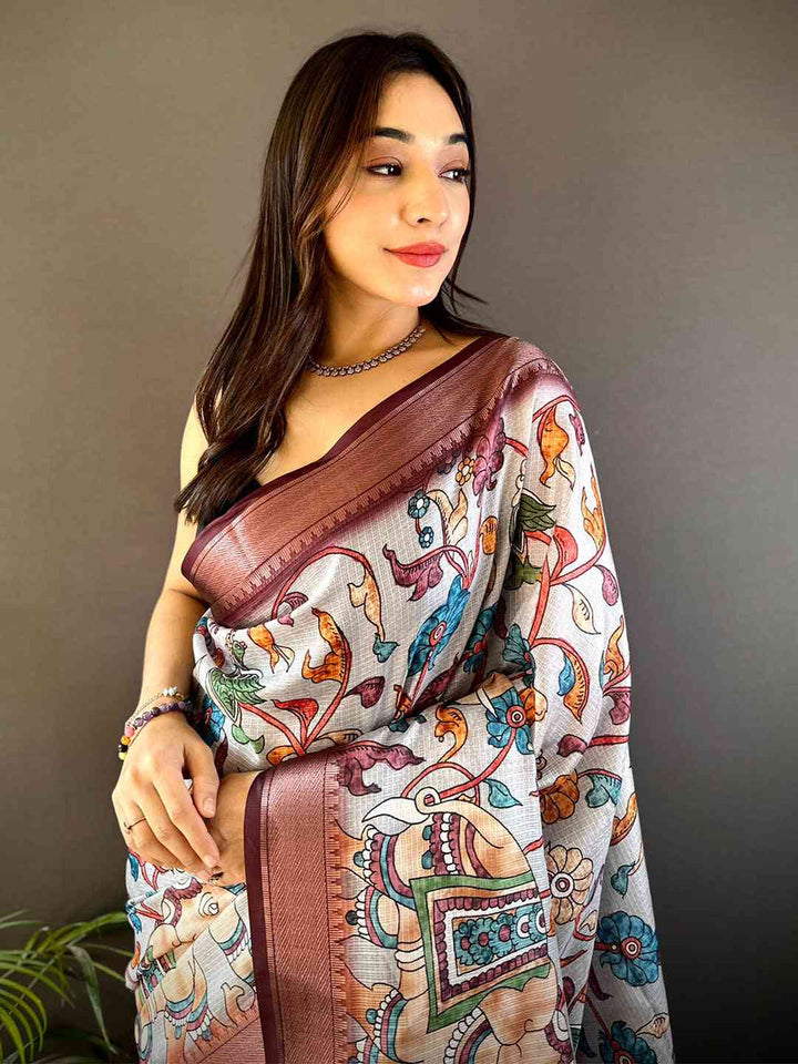 White Soft Silk Saree with Multicolor Kalamkari Print & Maroon Zari Border