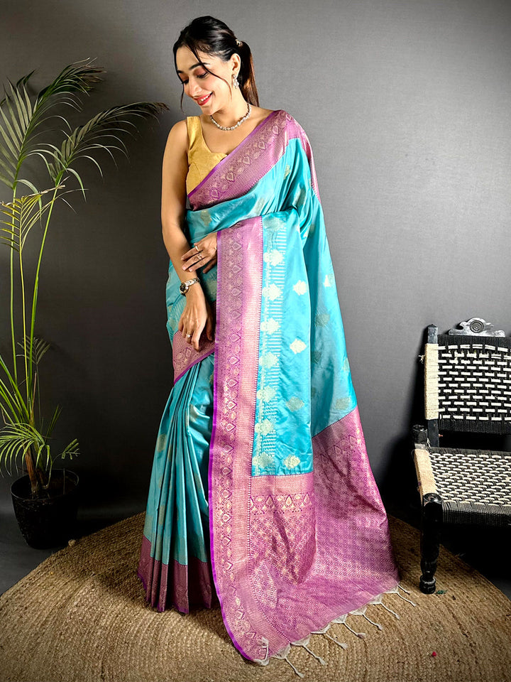 Turquoise Blue Soft Silk Saree with Pink Zari Weaving Border & Butta Work