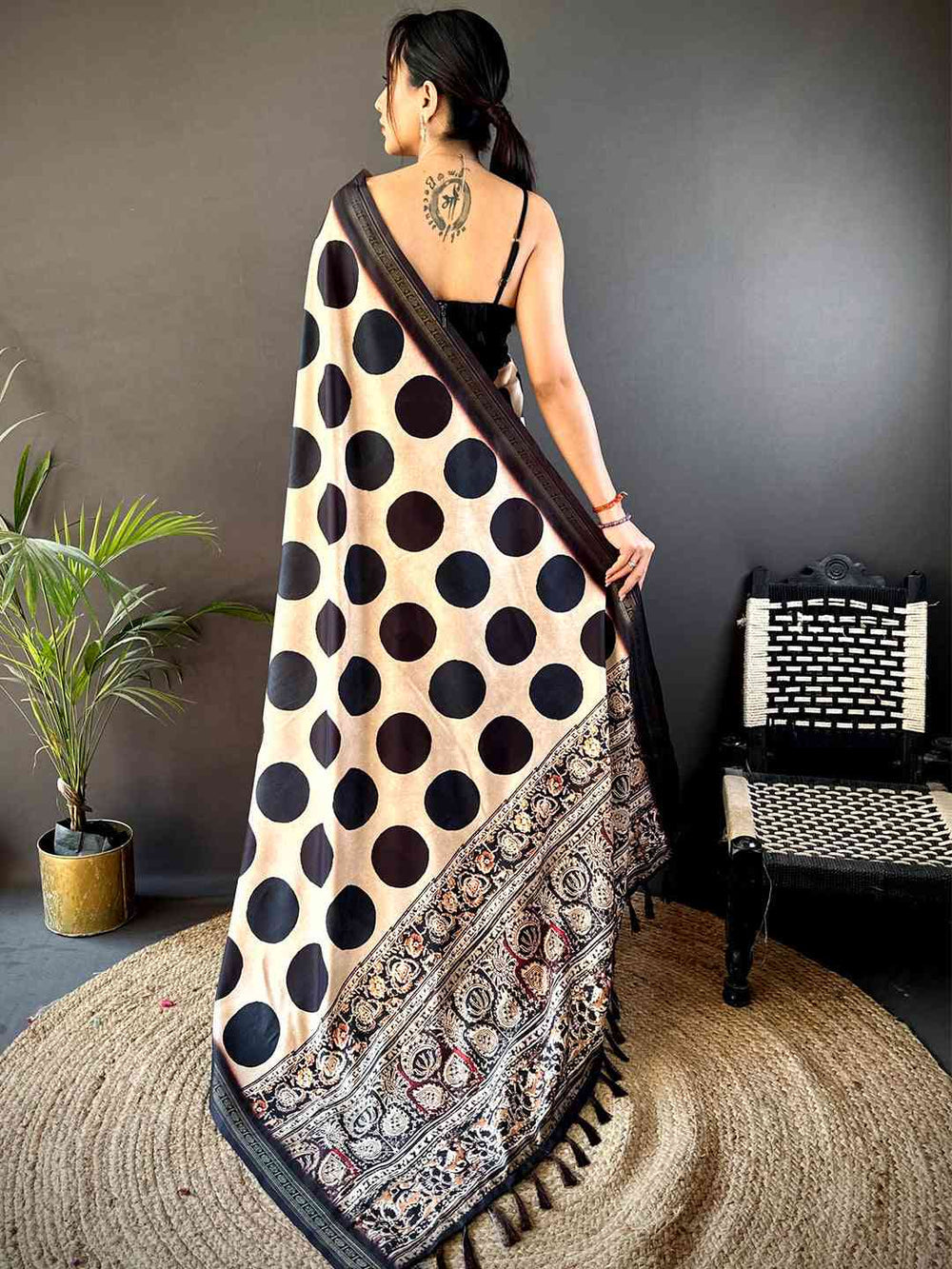 Beige & Black Polka Dot Silk Saree with Traditional Kalamkari Style Pallu