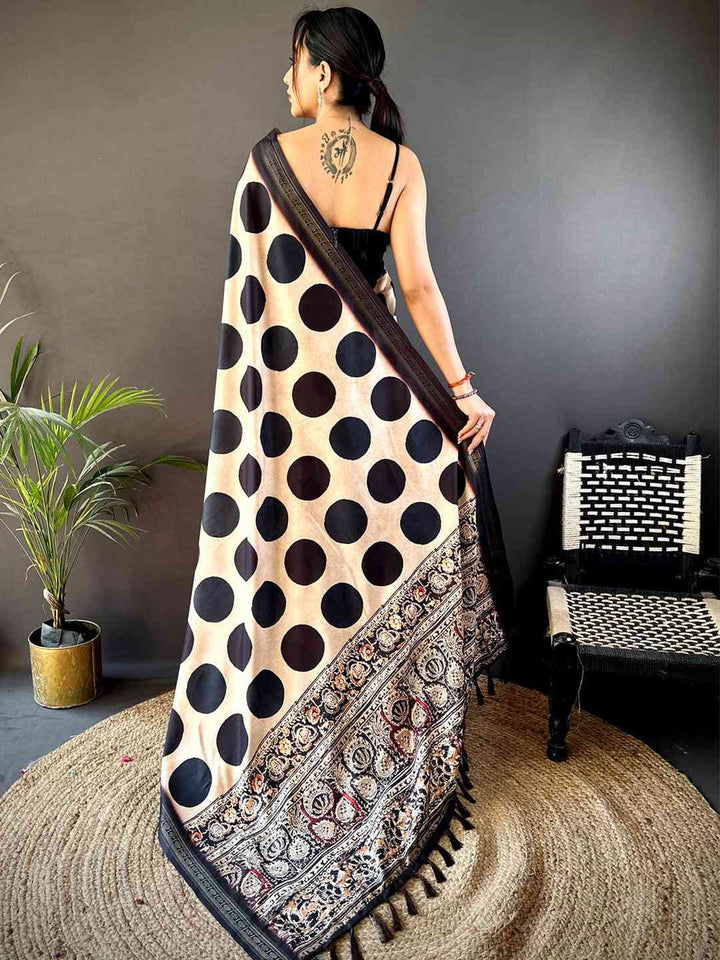 Beige & Black Polka Dot Silk Saree with Traditional Kalamkari Style Pallu