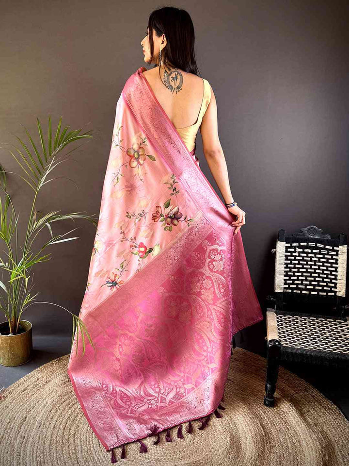 Pink Soft Silk Saree with Floral Print & Rich Banarasi Zari Pallu