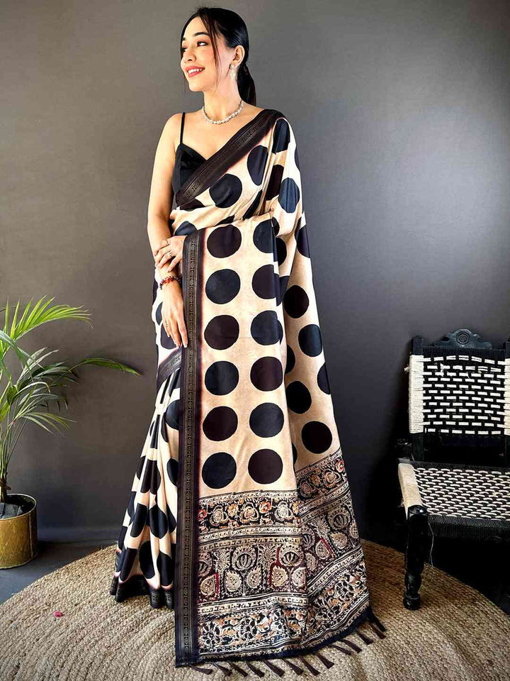 Beige & Black Polka Dot Silk Saree with Traditional Kalamkari Style Pallu