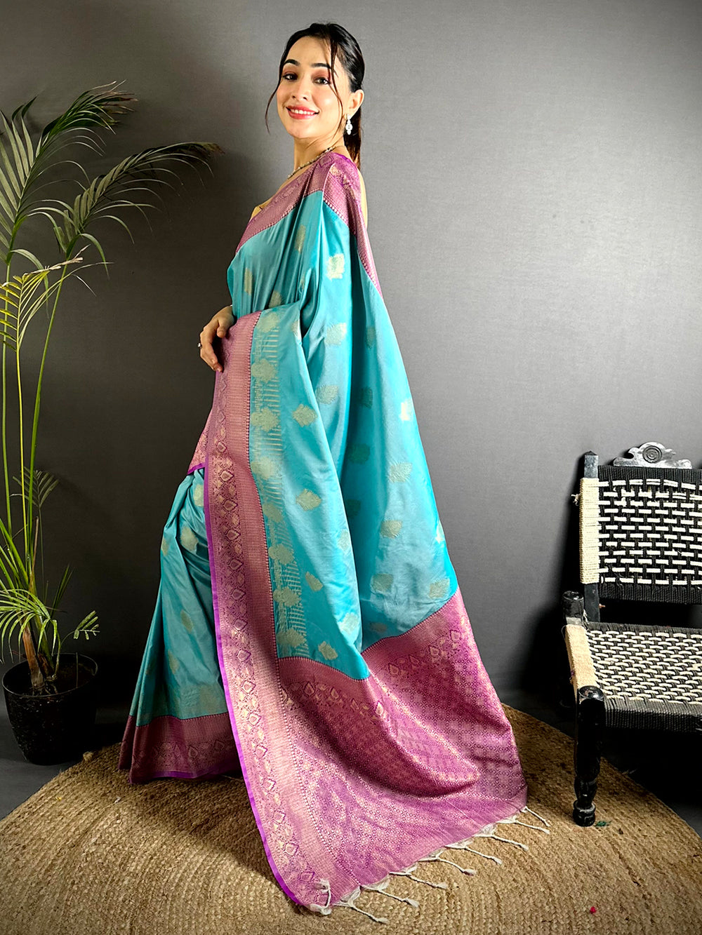 Turquoise Blue Soft Silk Saree with Pink Zari Weaving Border & Butta Work
