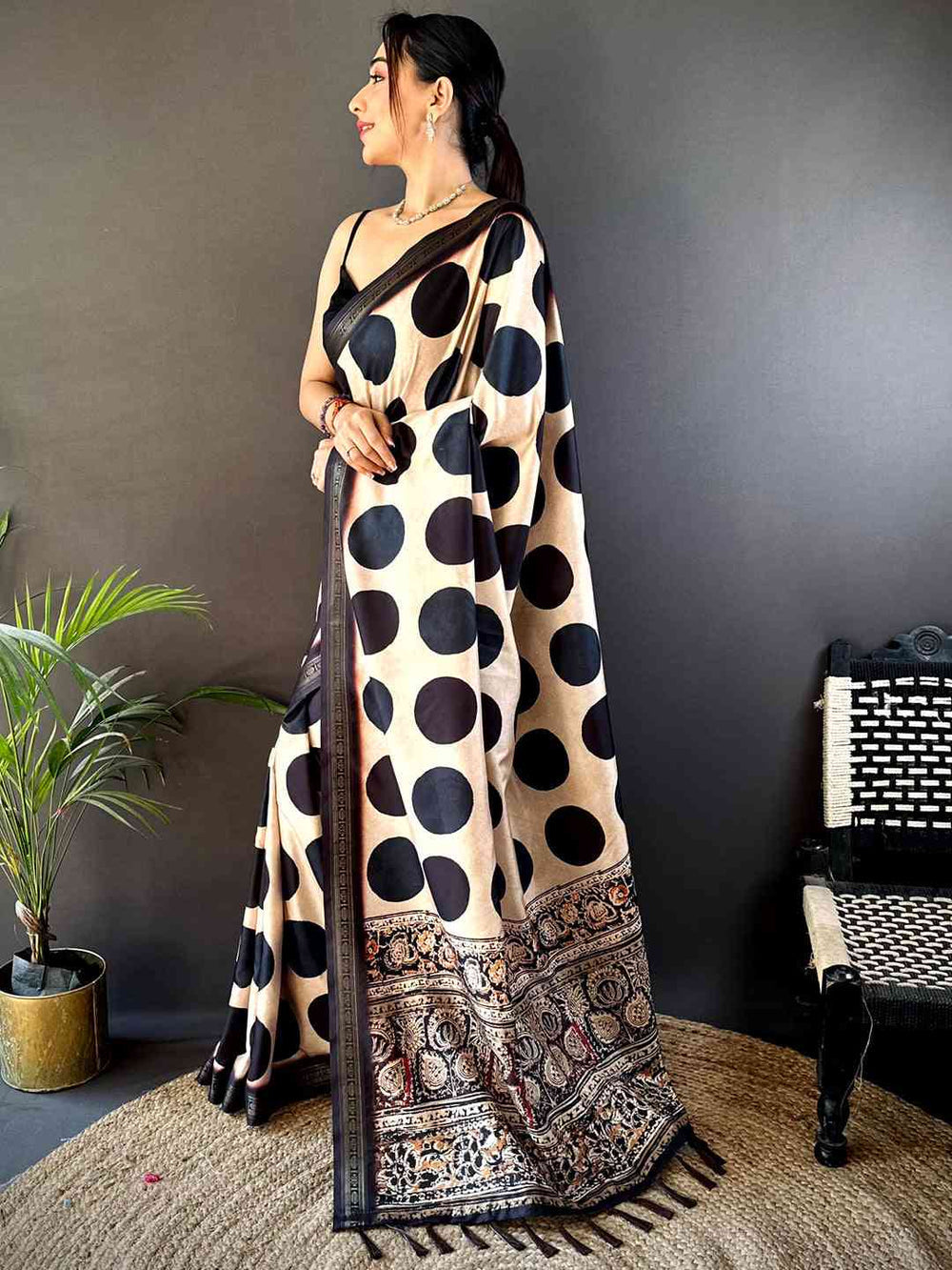Beige & Black Polka Dot Silk Saree with Traditional Kalamkari Style Pallu