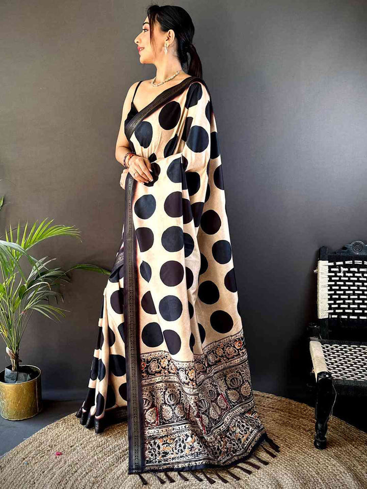Beige & Black Polka Dot Silk Saree with Traditional Kalamkari Style Pallu